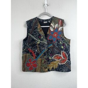 Chico's Patchwork Embroidered Vest Women's Sz 2 US L Boho Floral Art To Wear